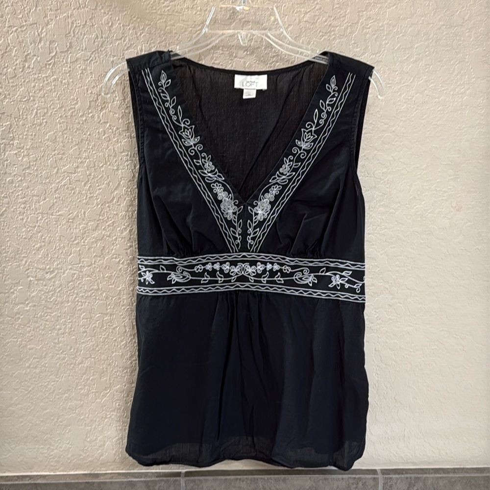 LOFT Black Sleeveless Top with White Embroidery